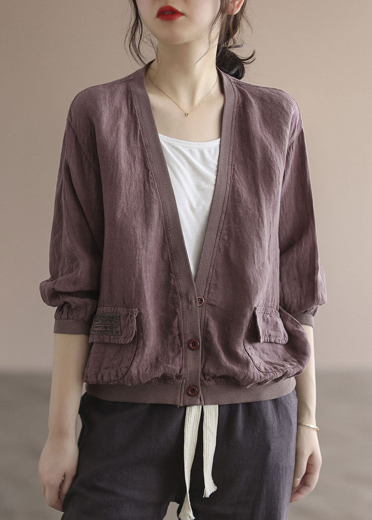 Purple Patchwork Pockets Linen Loose Coats V Neck Spring TG1051