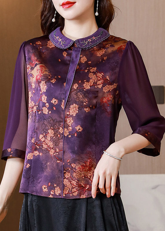 Purple Patchwork Silk Tops Oversized Print Bracelet Sleeve LY0416