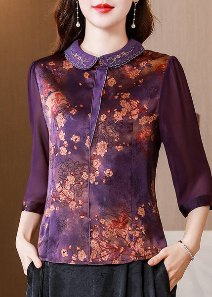 Purple Patchwork Silk Tops Oversized Print Bracelet Sleeve LY0416