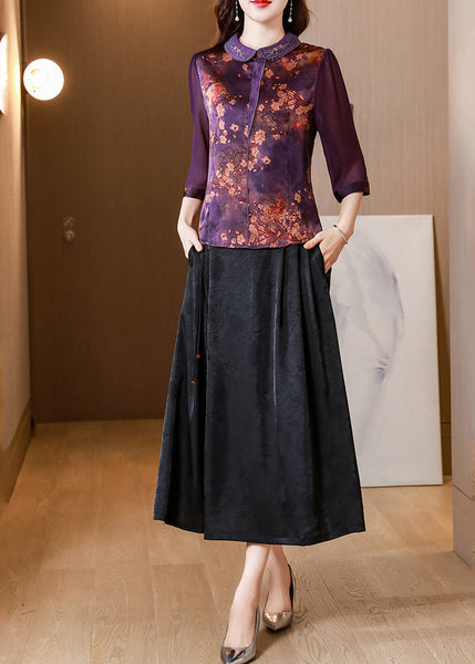 Purple Patchwork Silk Tops Oversized Print Bracelet Sleeve LY0416