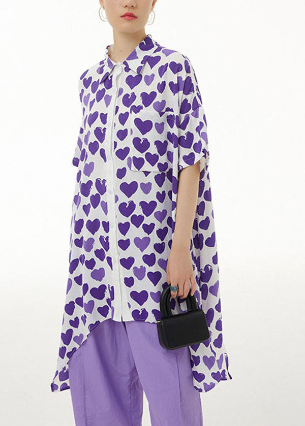 Purple Print Chiffon Shirt Tops Asymmetrical Design Summer LY1140