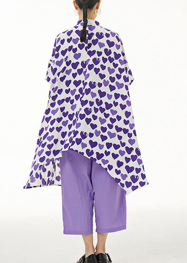 Purple Print Chiffon Shirt Tops Asymmetrical Design Summer LY1140