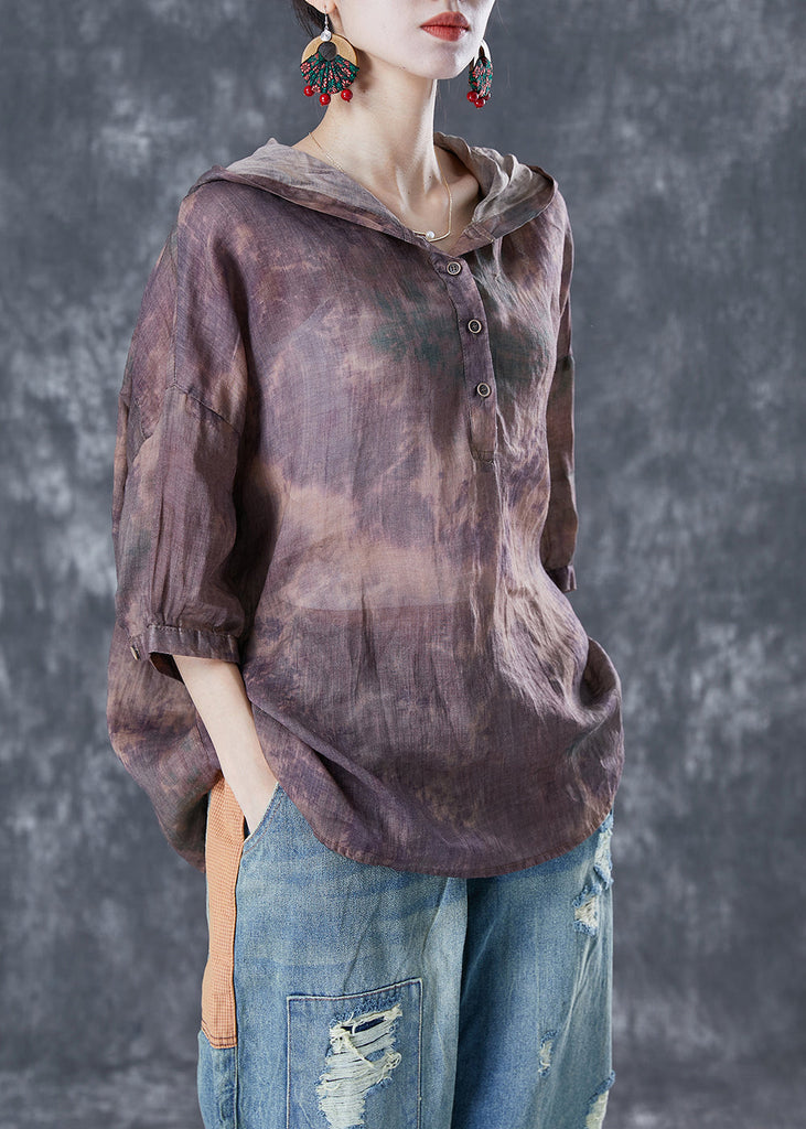 Purple Tie Dye Linen Shirt Top Hooded Oversized Bracelet Sleeve TA1035