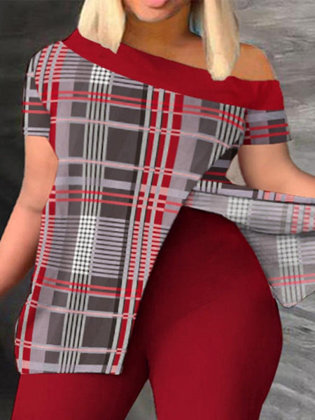 Plus Size Geometric Print Striped Split Pants Set AT8061