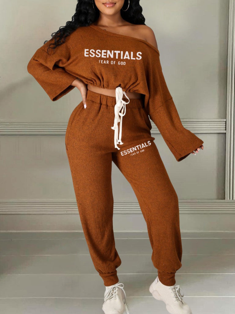 Plus Size Essentials Letter Print Drawstring Pants Set AT9048