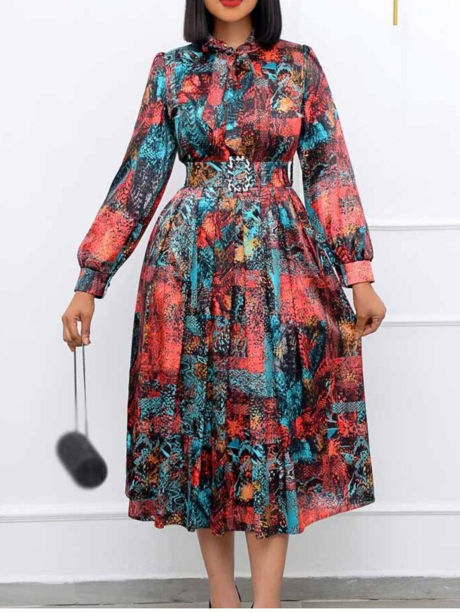 Plus Size Tie Neck Mixd Print Belt Design A Line Dress AC2042