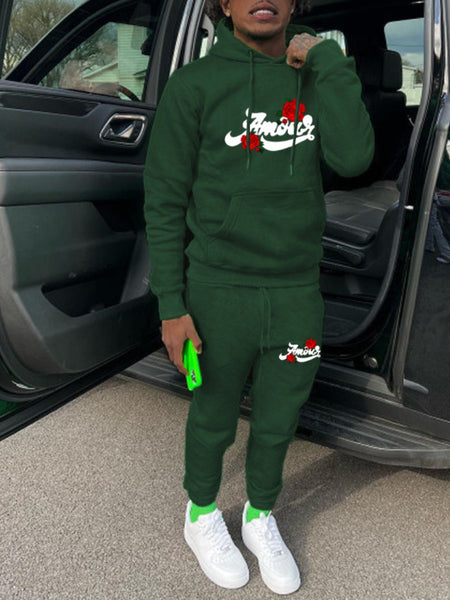 Men Rose Flower Letter Print Kangaroo Pocket Tracksuit Set AR50102