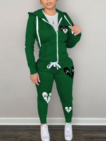 Hooded Collar Broken Heart Print Tracksuit Set AT9050