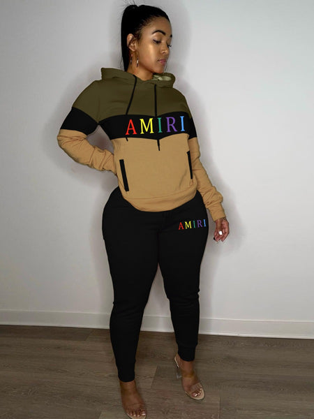 Plus Size Letter Print Patchwork Tracksuit Set AR7060