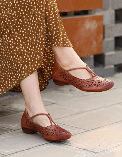 Real Leather Hand-carved Hollow Retro Flat Shoes Ada Fashion