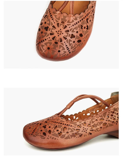 Real Leather Hand-carved Hollow Retro Flat Shoes Ada Fashion