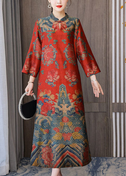Red Chinese Style Silk Dresses Stand Collar Side Open Bracelet Sleeve LY1692