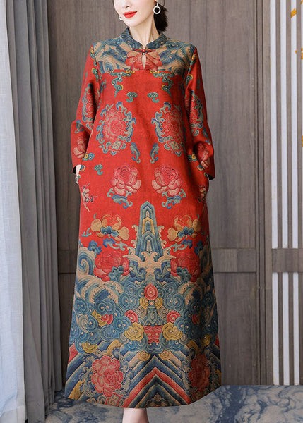Red Chinese Style Silk Dresses Stand Collar Side Open Bracelet Sleeve LY1692