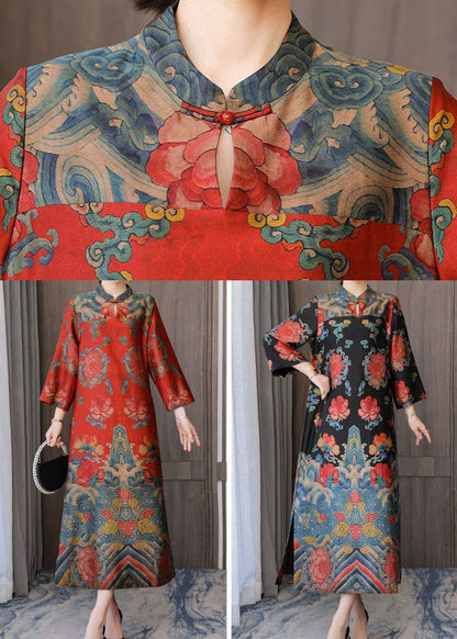 Red Chinese Style Silk Dresses Stand Collar Side Open Bracelet Sleeve LC0202