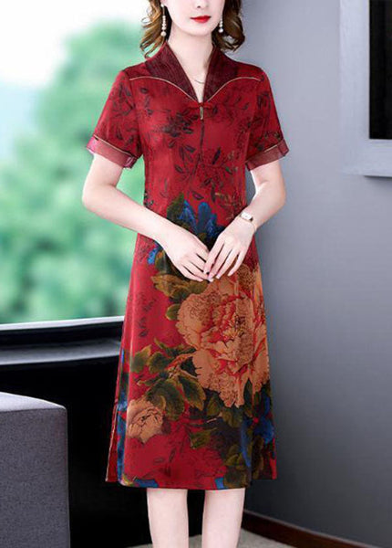 Red Chinese Style Silk Long Dresses Print Side Open Summer LY1680
