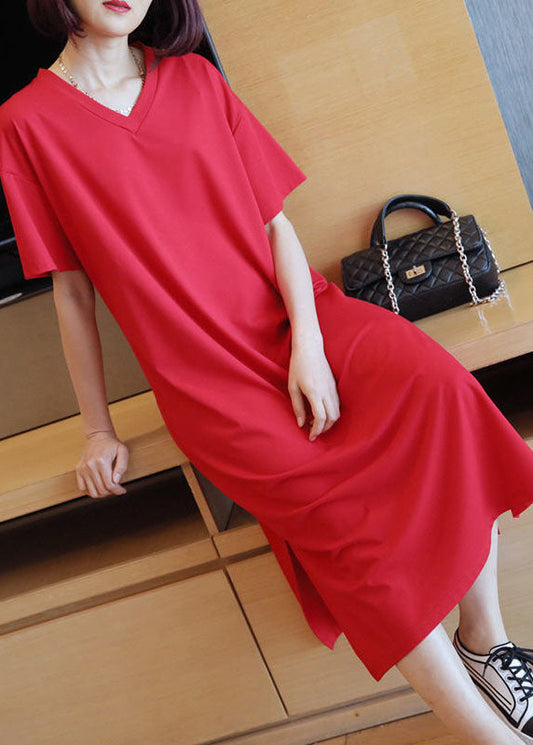 Red Cotton Straight Dresses V Neck Side Open Summer LY1463