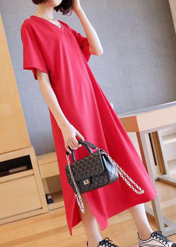 Red Cotton Straight Dresses V Neck Side Open Summer LY1463