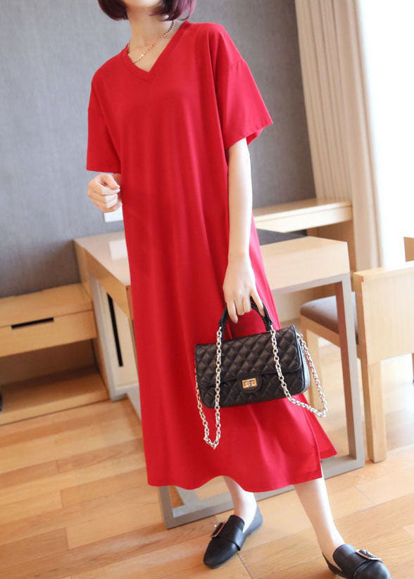 Red Cotton Straight Dresses V Neck Side Open Summer LY1463