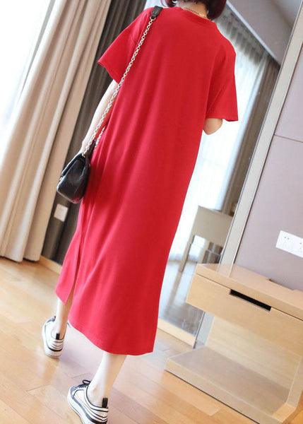 Red Cotton Straight Dresses V Neck Side Open Summer LY1463
