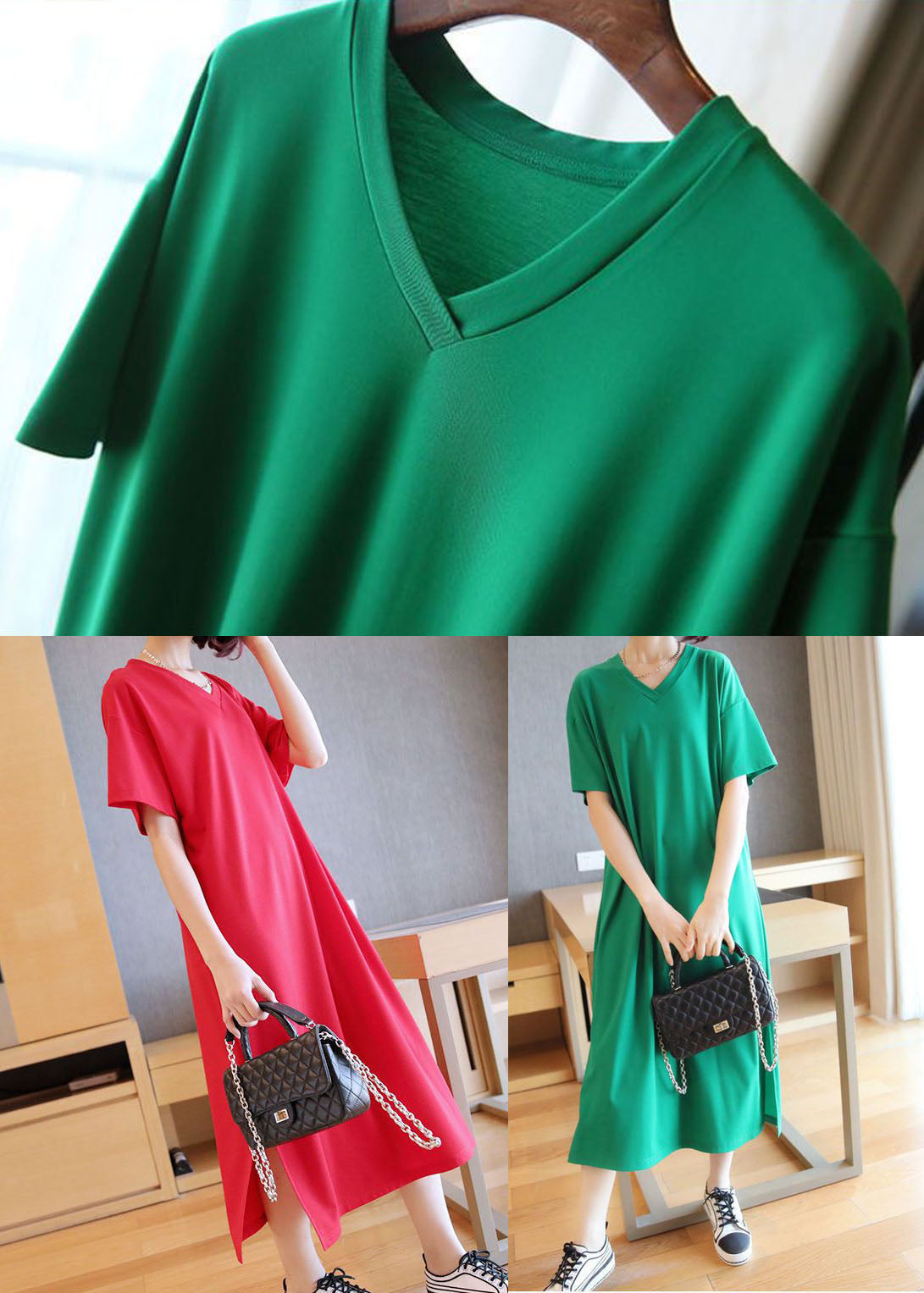 Red Cotton Straight Dresses V Neck Side Open Summer LY1463