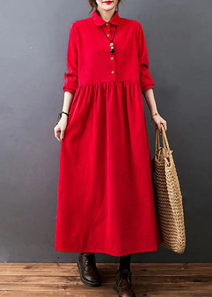 Red Drawstring Button Corduroy Holiday Long Dress Long Sleeve Ada Fashion