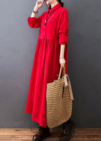 Red Drawstring Button Corduroy Holiday Long Dress Long Sleeve Ada Fashion