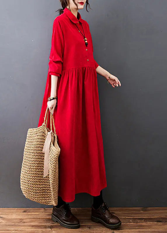 Red Drawstring Button Corduroy Holiday Long Dress Long Sleeve Ada Fashion