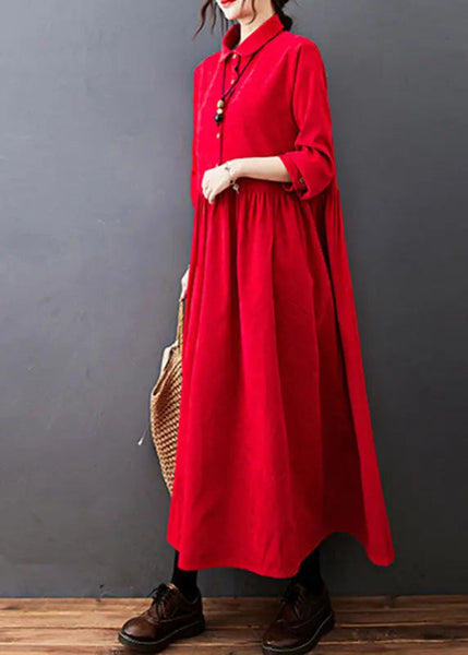 Red Drawstring Button Corduroy Holiday Long Dress Long Sleeve Ada Fashion