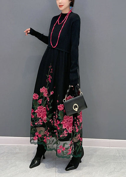 Red Knit Patchwork Tulle Long Dress Embroideried Spring LY1582