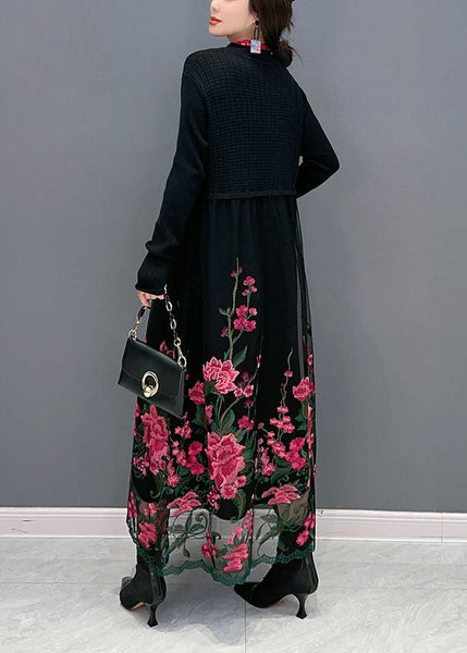 Red Knit Patchwork Tulle Long Dress Embroideried Spring LY1582