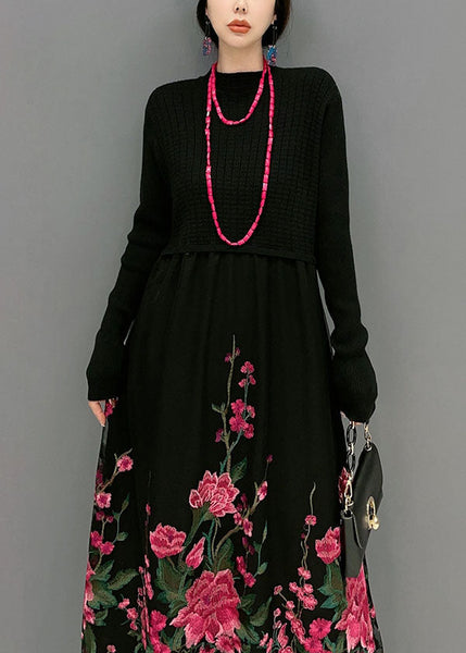 Red Knit Patchwork Tulle Long Dress Embroideried Spring LY1582