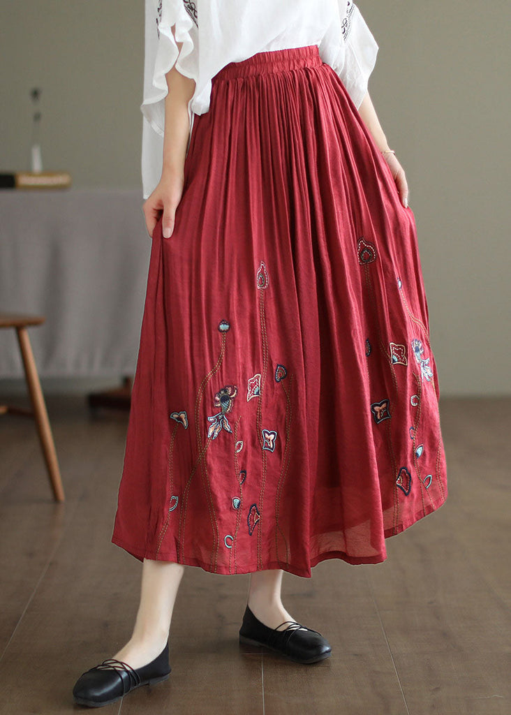 Red Linen Silk A Line Skirts Embroideried Exra Large Hem Spring TG1054