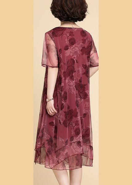 Red O-Neck Asymmetrical Long Dresses Short Sleeve LY1711