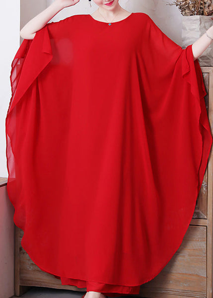 Red O-Neck Chiffon Maxi Dress And Wide Leg Pants Two Pieces Set Long Sleeve LY1696