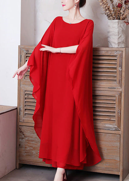 Red O-Neck Chiffon Maxi Dress And Wide Leg Pants Two Pieces Set Long Sleeve LY1696