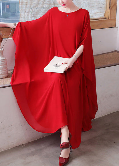 Red O-Neck Chiffon Maxi Dress And Wide Leg Pants Two Pieces Set Long Sleeve LY1696