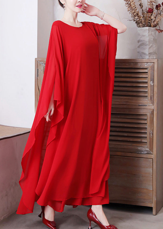 Red O-Neck Chiffon Maxi Dress And Wide Leg Pants Two Pieces Set Long Sleeve LY1696