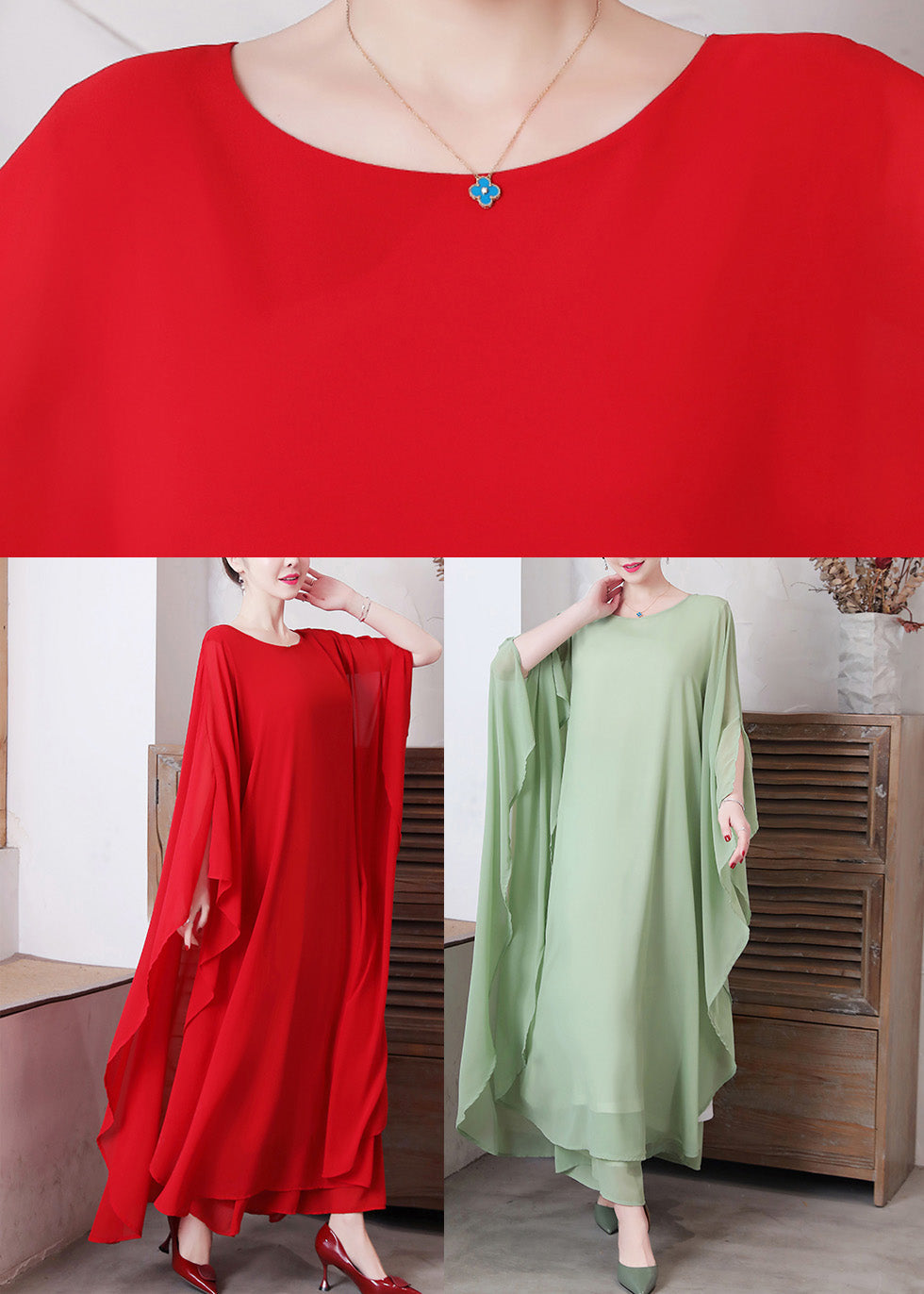 Red O-Neck Chiffon Maxi Dress And Wide Leg Pants Two Pieces Set Long Sleeve LY1696