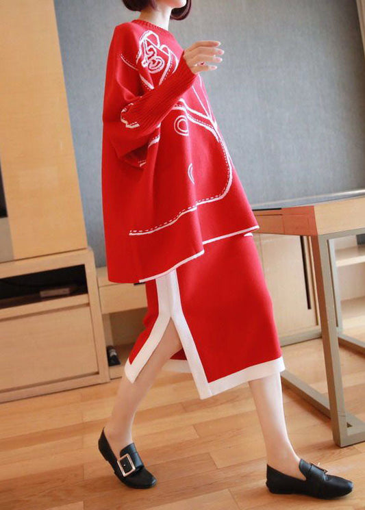 Red Oversized Knit Two Pieces Set O-Neck Side Open Batwing Sleeve LY1441