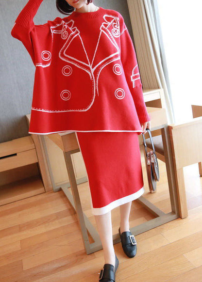 Red Oversized Knit Two Pieces Set O-Neck Side Open Batwing Sleeve LY1441