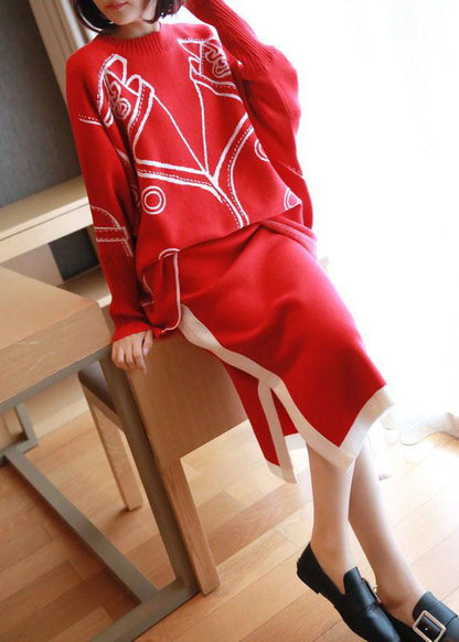 Red Oversized Knit Two Pieces Set O-Neck Side Open Batwing Sleeve LY1441