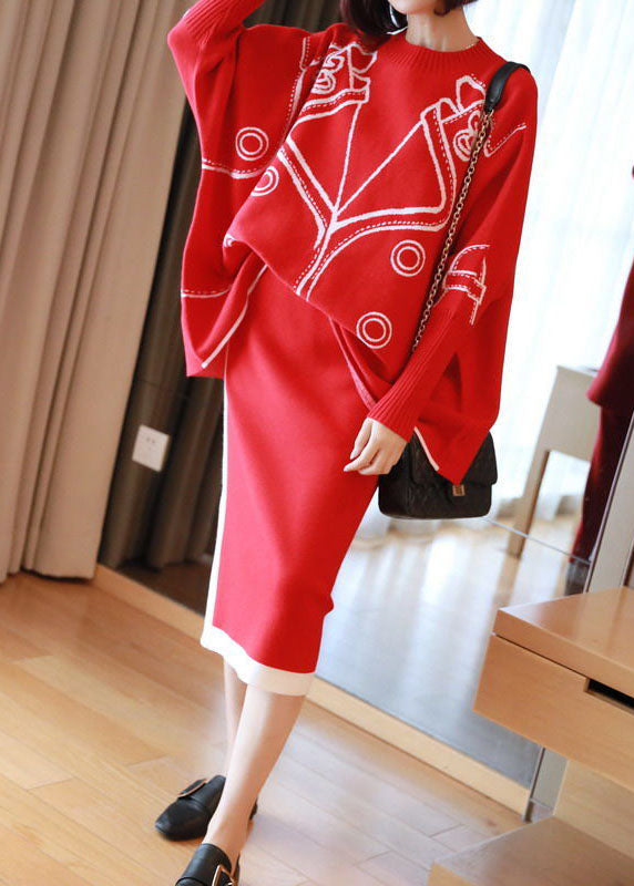 Red Oversized Knit Two Pieces Set O-Neck Side Open Batwing Sleeve LY1441