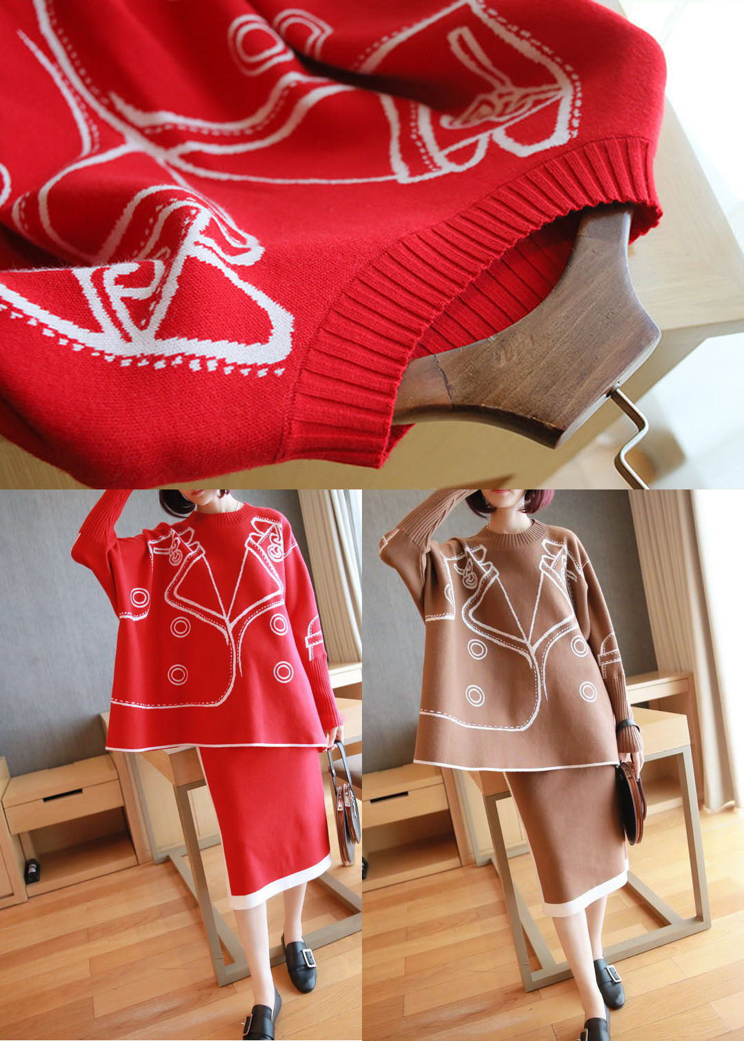 Red Oversized Knit Two Pieces Set O-Neck Side Open Batwing Sleeve LY1441