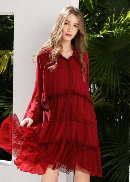 Red Patchwork Lace Chiffon Shirt Dress Ruffled Exra Large Hem Spring LY0333