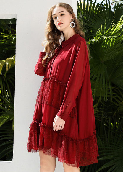 Red Patchwork Lace Chiffon Shirt Dress Ruffled Exra Large Hem Spring LY0333