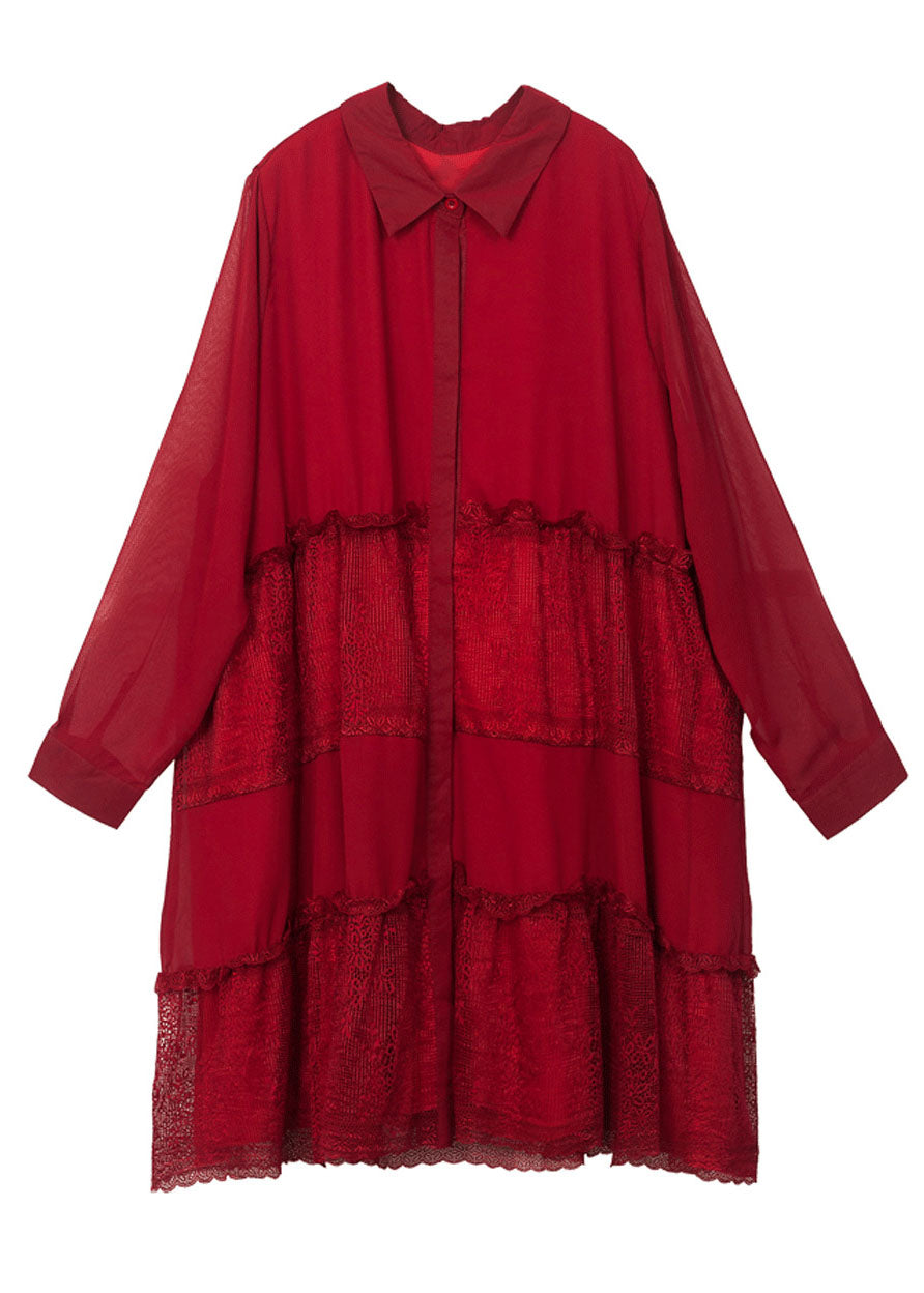 Red Patchwork Lace Chiffon Shirt Dress Ruffled Exra Large Hem Spring LY0333