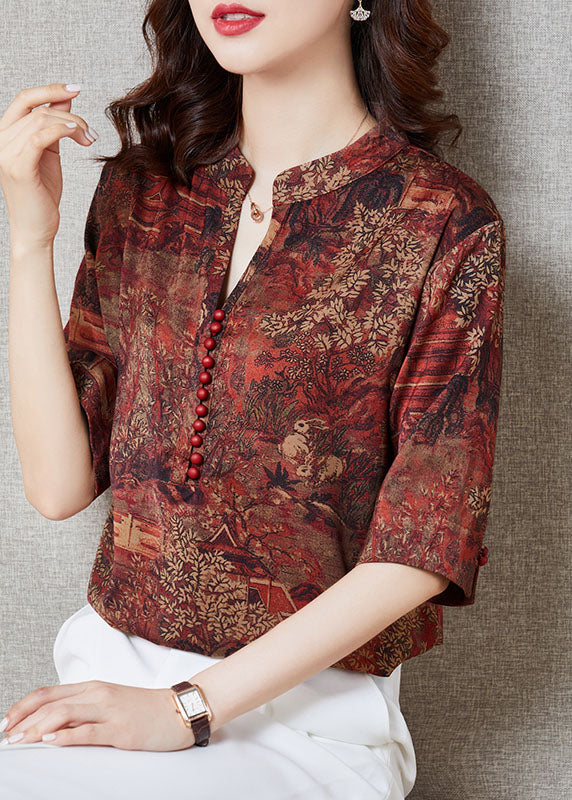 Red Patchwork Print Silk Top Button Stand Collar Summer LY0436