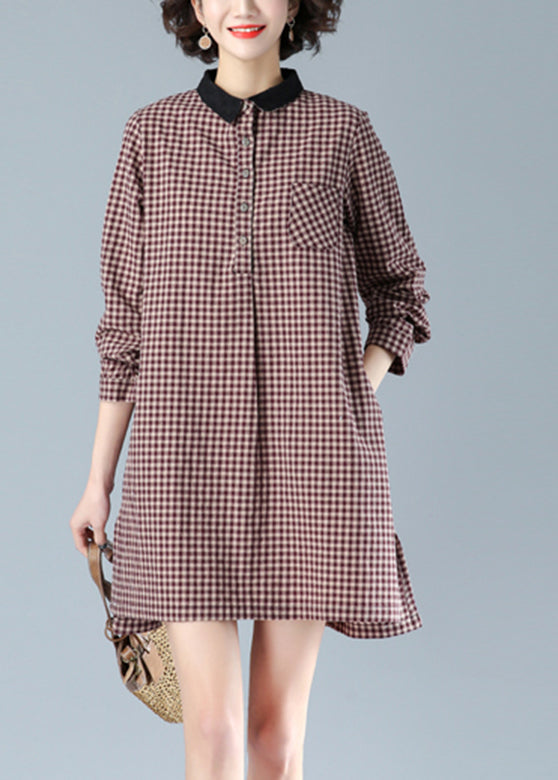 Red Plaid Peter Pan Collar Button Cotton Mid Dress Fall HA1018