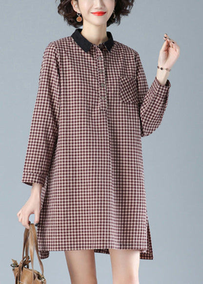 Red Plaid Peter Pan Collar Button Cotton Mid Dress Fall HA1018