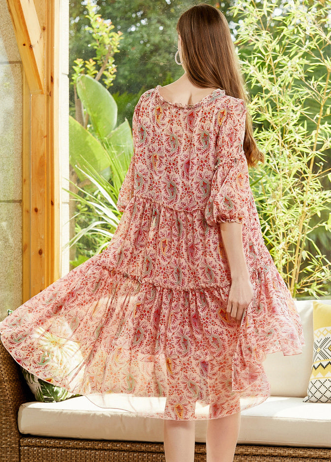 Red Print Chiffon A Line Dresses V Neck Lantern Sleeve LY0338